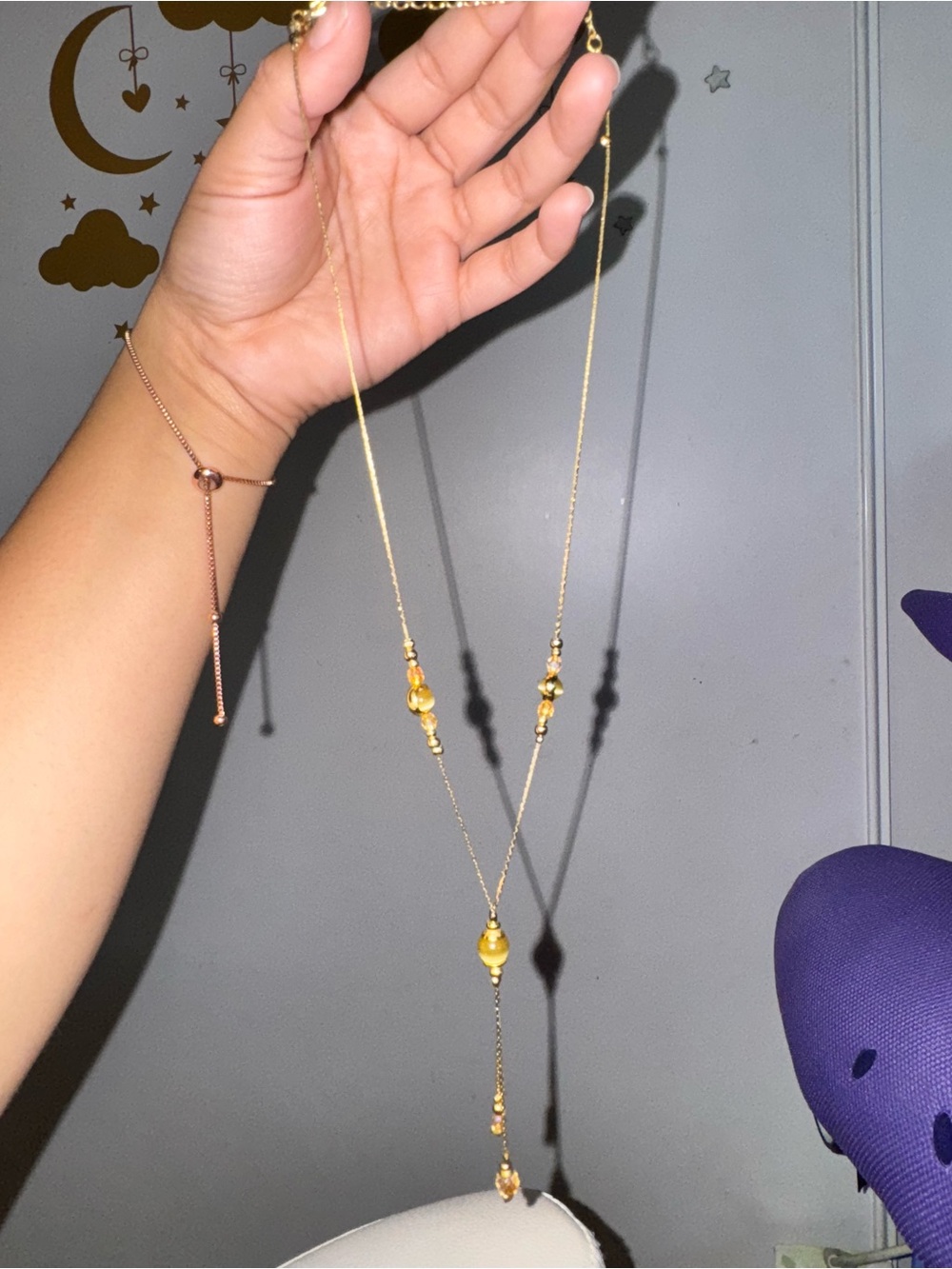 Gold Tone Lariat Y Necklace Yellow Cat Eye Beads Adjustable Fashion Jewelry Gift